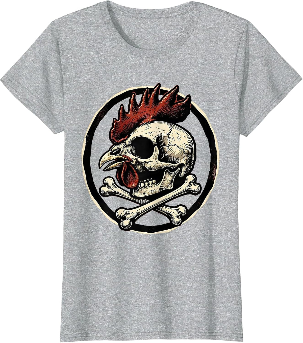 Women's Rooster Skull Crossed Drumsticks Dark Art Design T-Shirt - Heather Grey