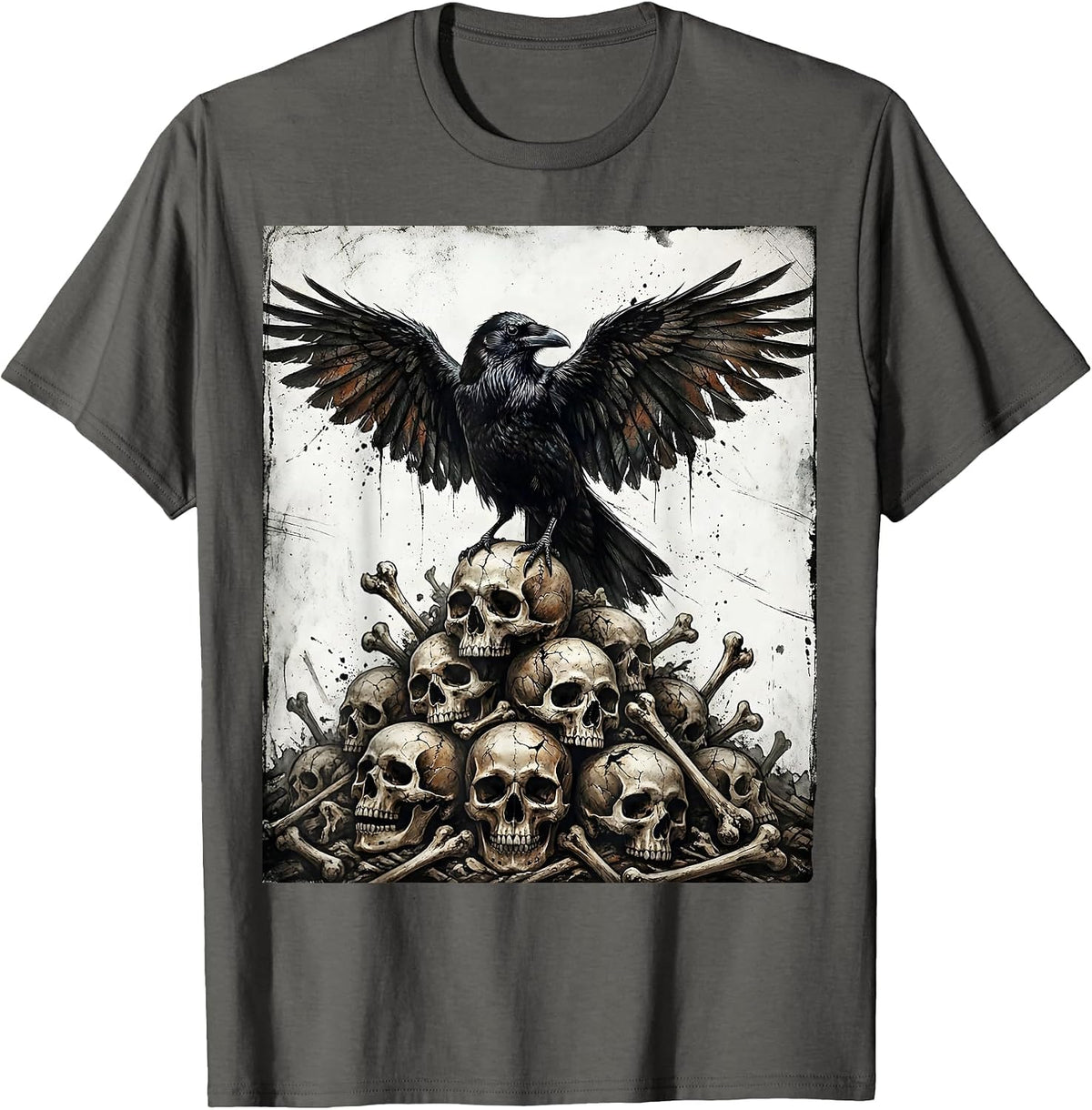 Crow Standing on a Pile of Bones Dark Art Design T-Shirt - Asphalt Grey