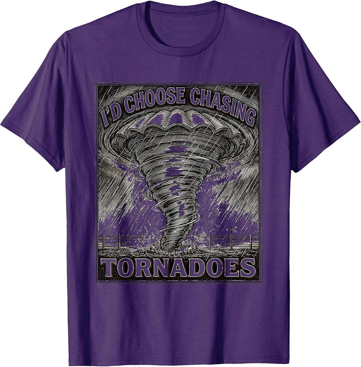 Men's I'd Choose Chasing Tornadoes Crosshatch Etching Storm Chaser T-Shirt - Purple