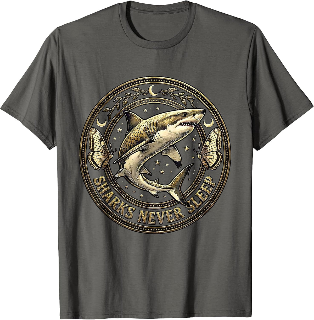 Sharks Never Sleep Ocean Predator Design T-Shirt - Asphalt Grey