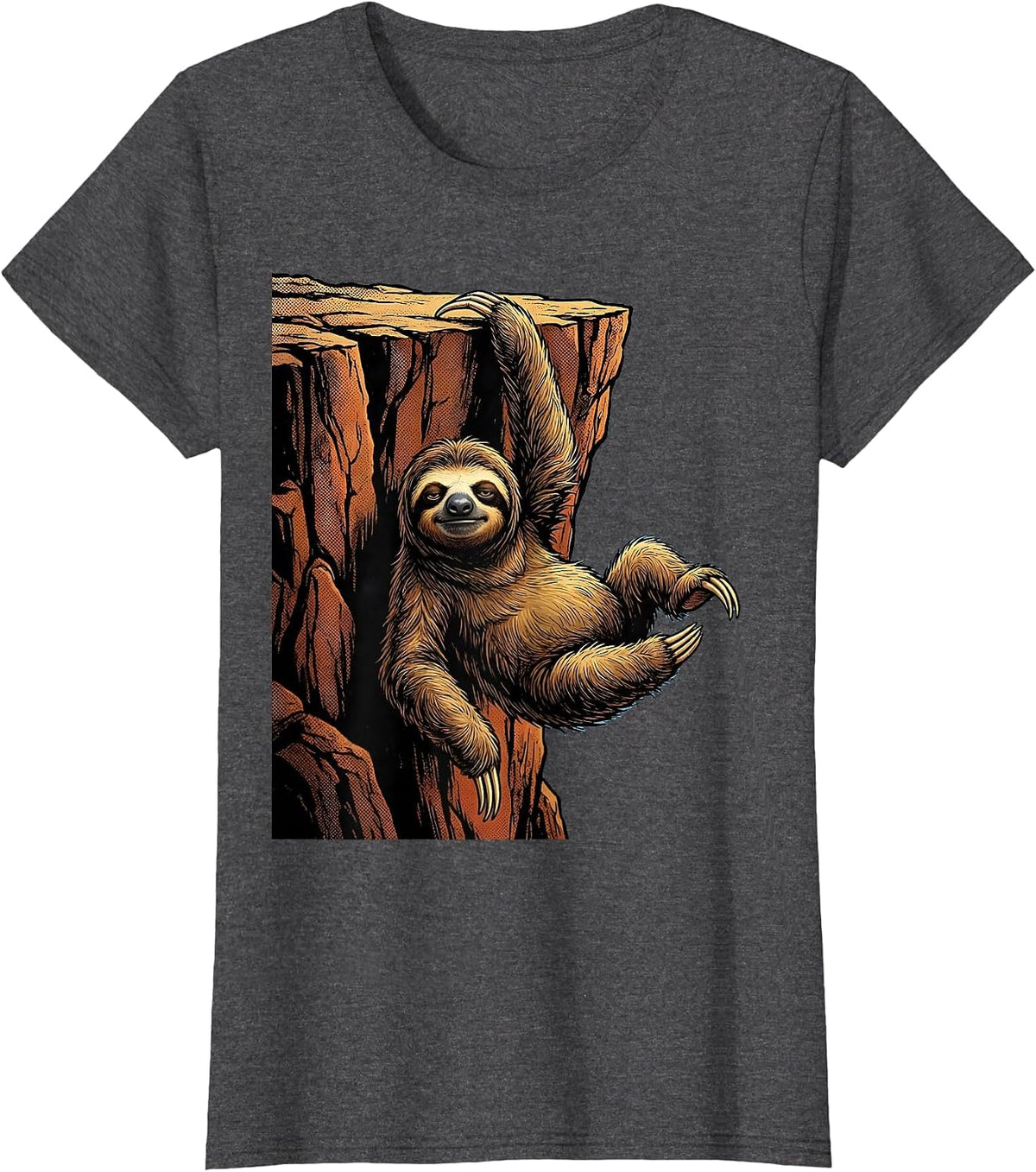 Women's Funny Sloth Hanging From Cliff One Finger T-Shirt - Dark Heather Grey