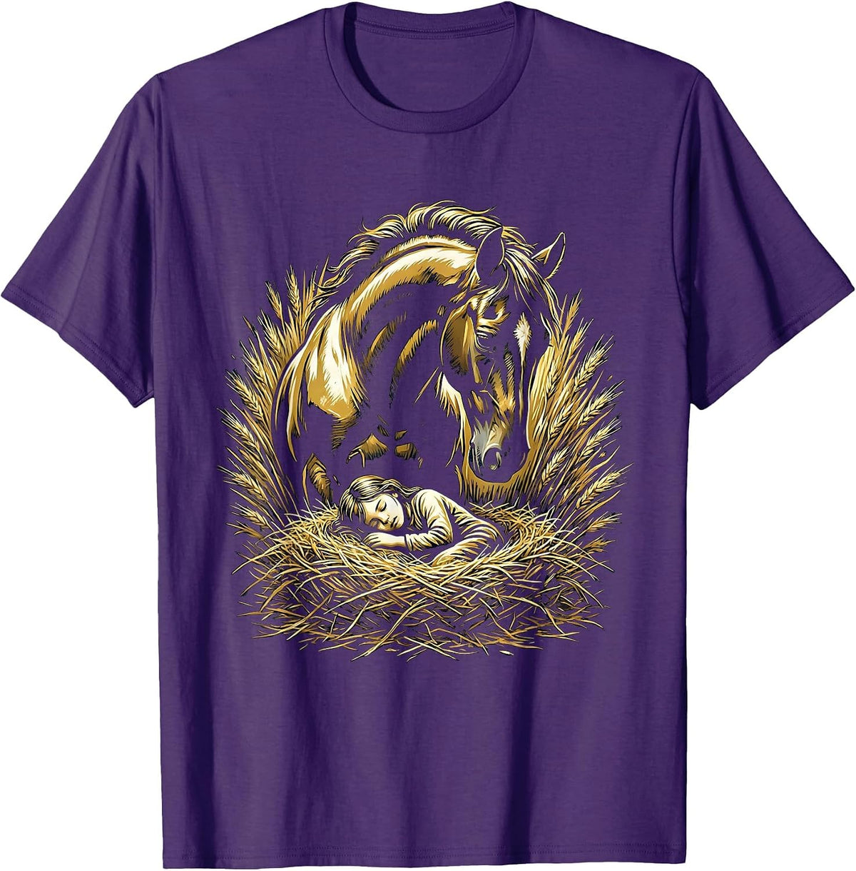 Horse Girl Sleeping in Hay Illustrated Graphic T-Shirt - Purple
