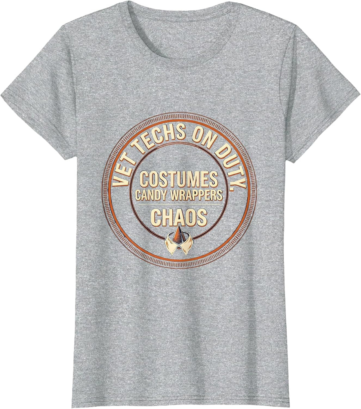 Women's Vet Techs On Duty: Costumes, Candy Wrappers, Chaos Humor T-Shirt - Heather Grey