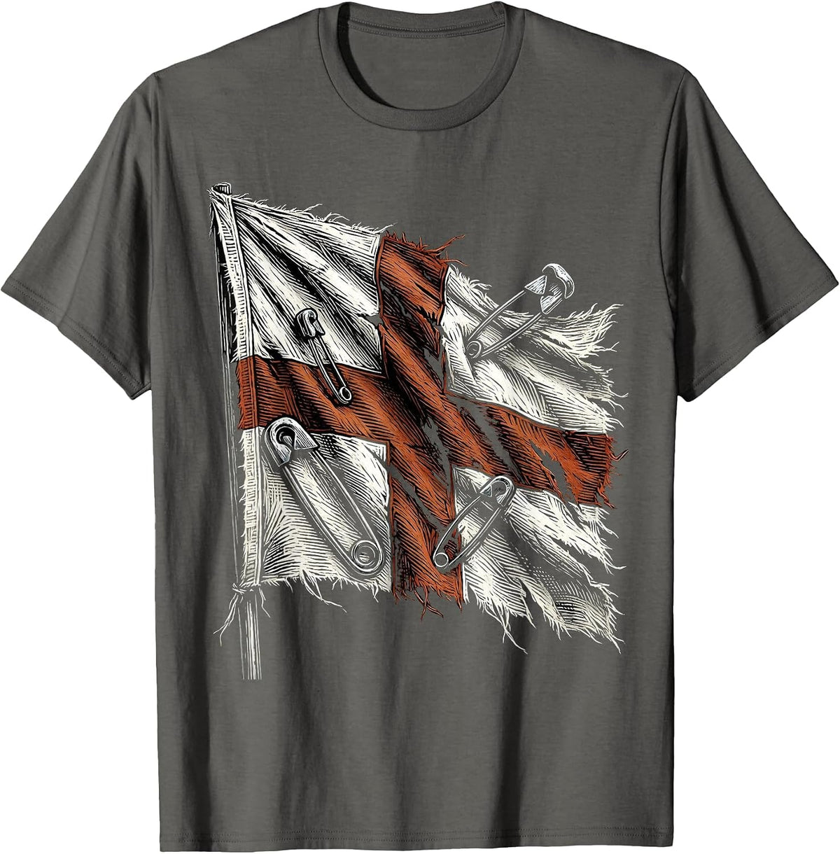 Punk Safety Pin Torn Flag Graphic Design T-Shirt - Asphalt Grey