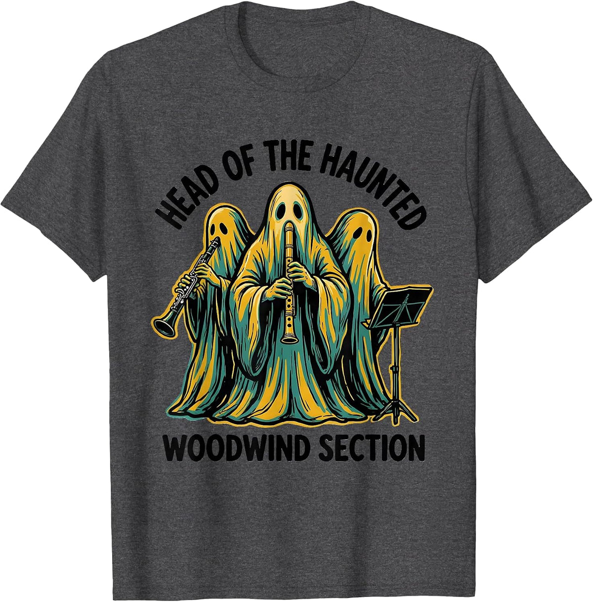 Men's Head of the Haunted Woodwind Section Whimsical Music Teacher T-Shirt - Dark Heather Grey