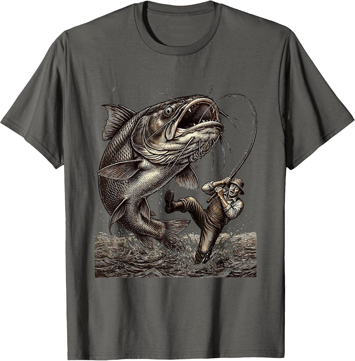 Men's Catfish Chaos Funny Fishing Graphic T-Shirt - Asphalt Grey