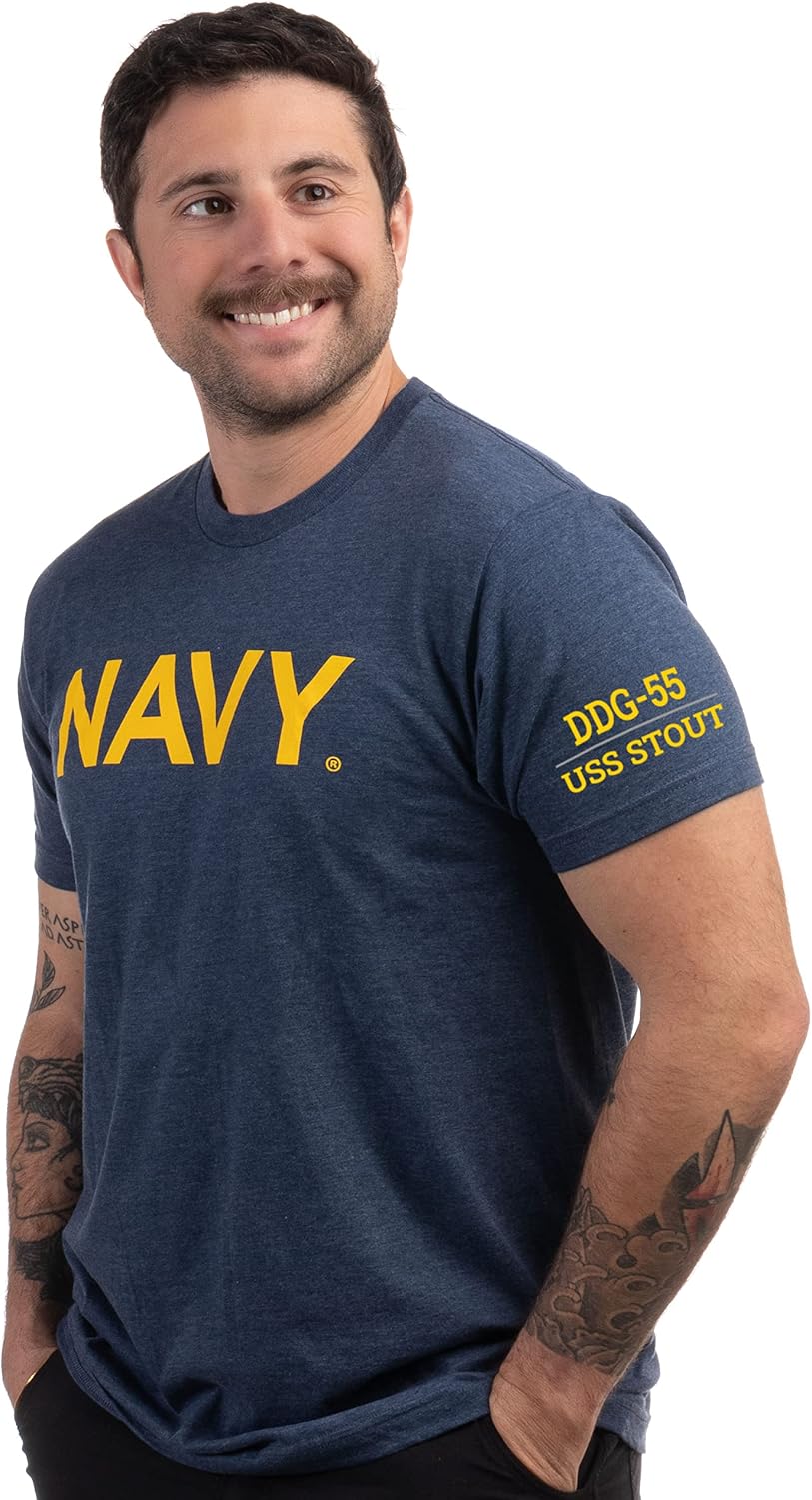 Navy Chest Print & U.S. Military Sleeve Flag Shirt - Naval Veteran Sailor T-Shirt for Men - USS Stout