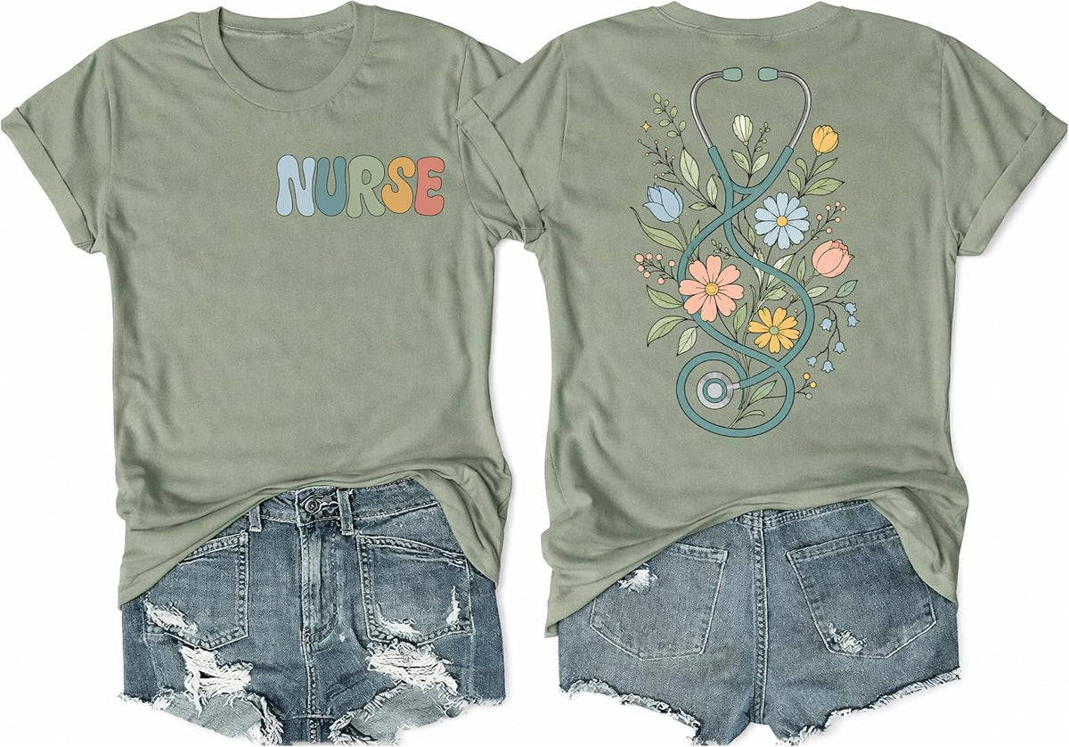 Nurse Shirt Funny Nurse Life T Shirt Boho Floral Stethoscope Graphic Tees - Green Crewneck