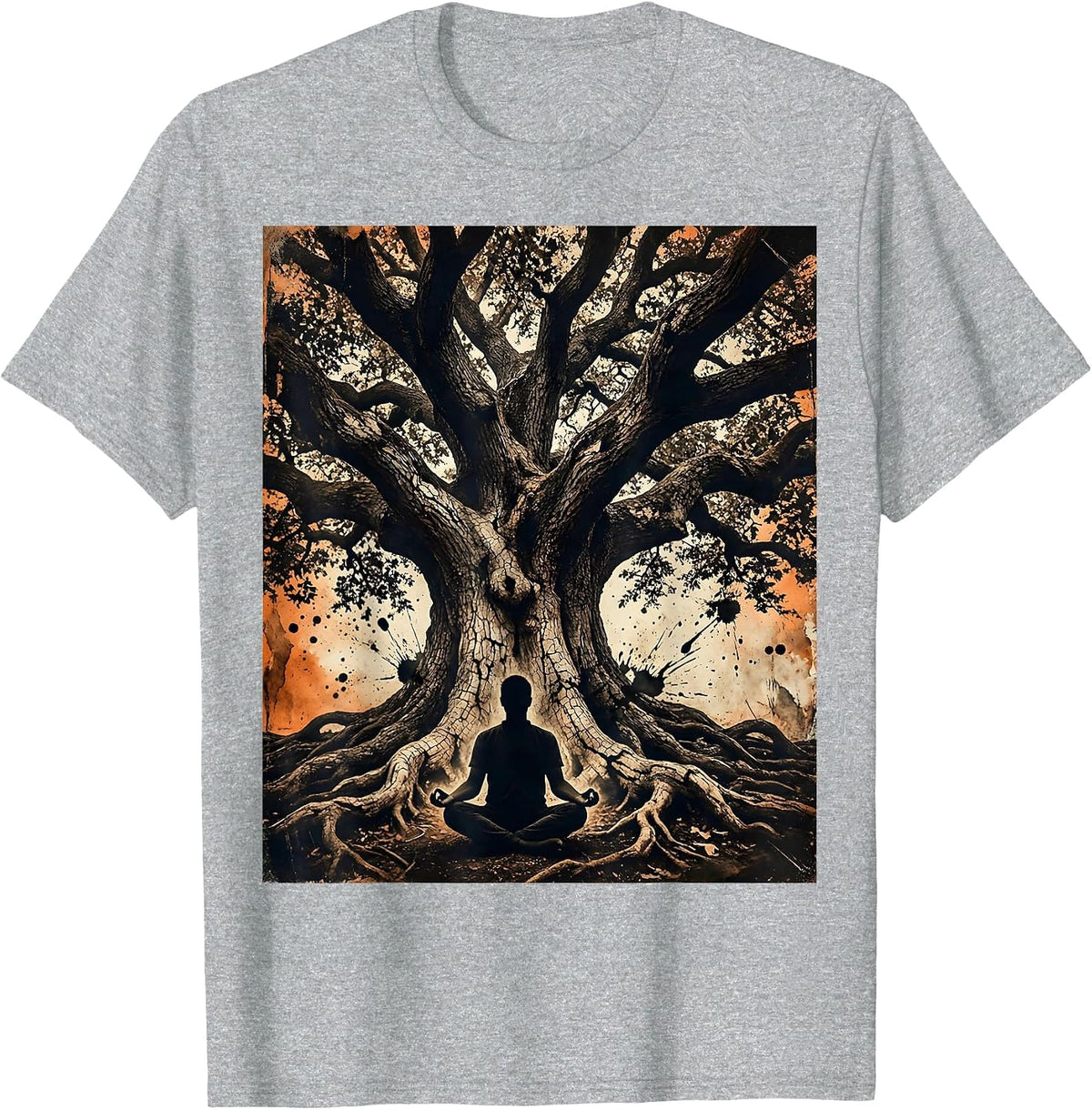 Men's Meditating Figure Under Ancient Twisted Oak Tree T-Shirt - Heather Grey