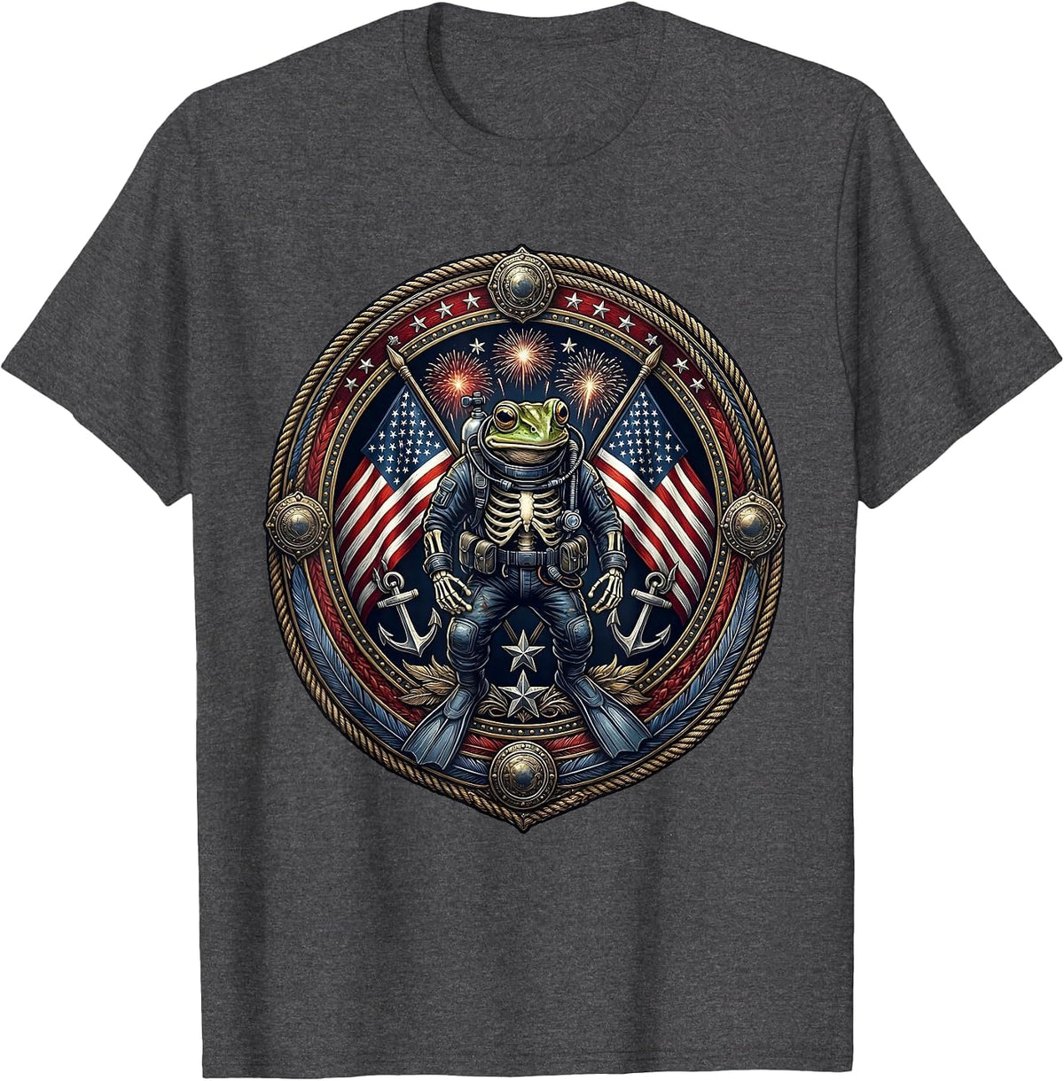 Frog Skeleton Scuba Diver Underwater Graphic T-Shirt - Dark Heather Grey