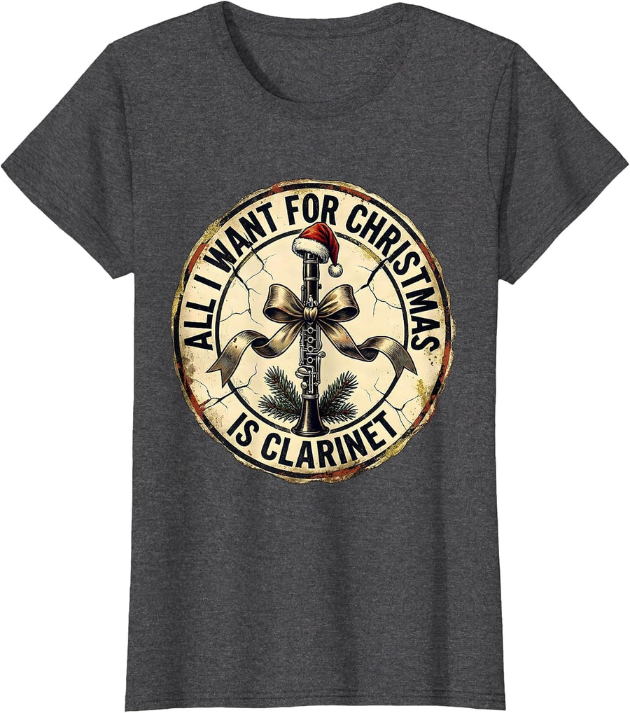 Women's All I Want For Christmas Is Clarinet Distressed Musician T-Shirt - Dark Heather Grey
