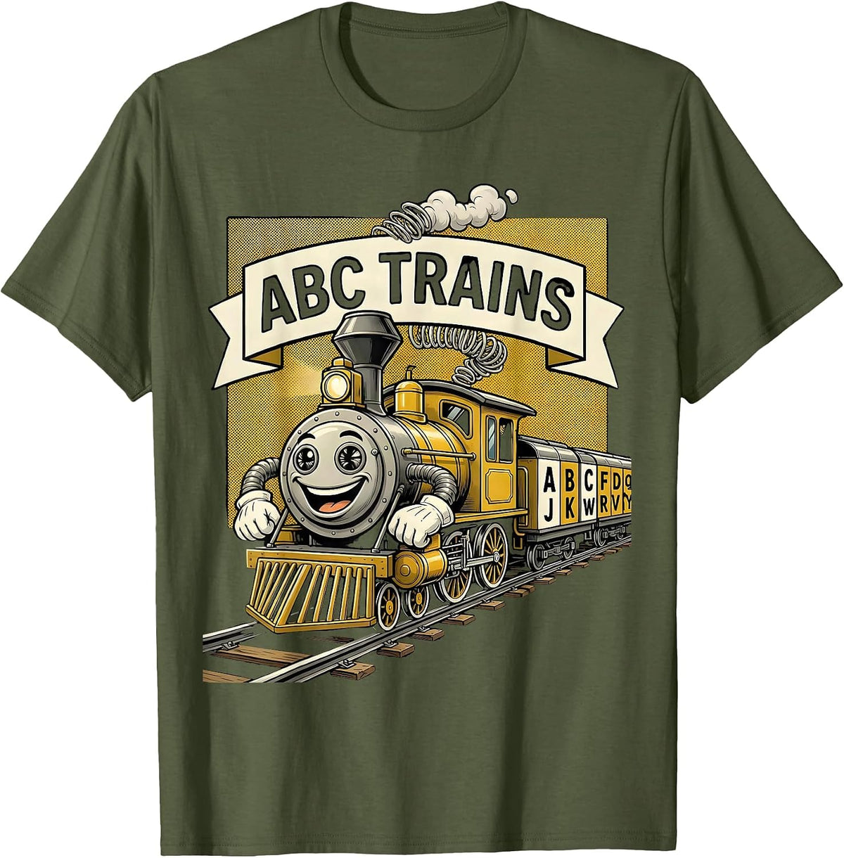 Men's ABC Trains Retro Cartoon Alphabet A-Z Kids Learning Letters T-Shirt - Olive Green