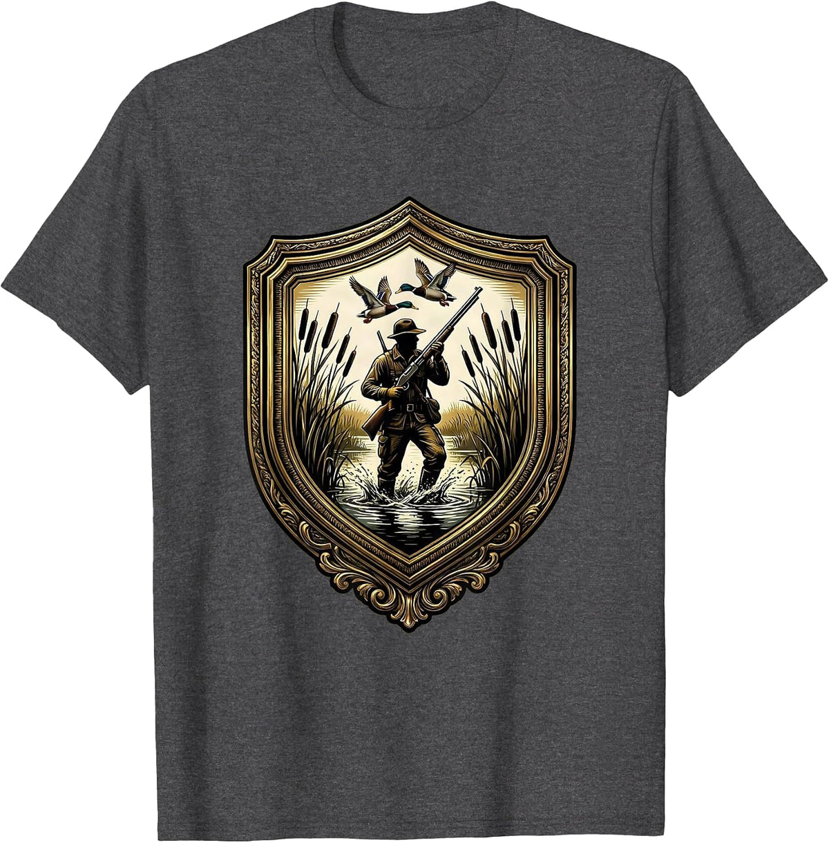 Camo Waterfowl Hunter Wading Through Marsh T-Shirt - Dark Heather Grey