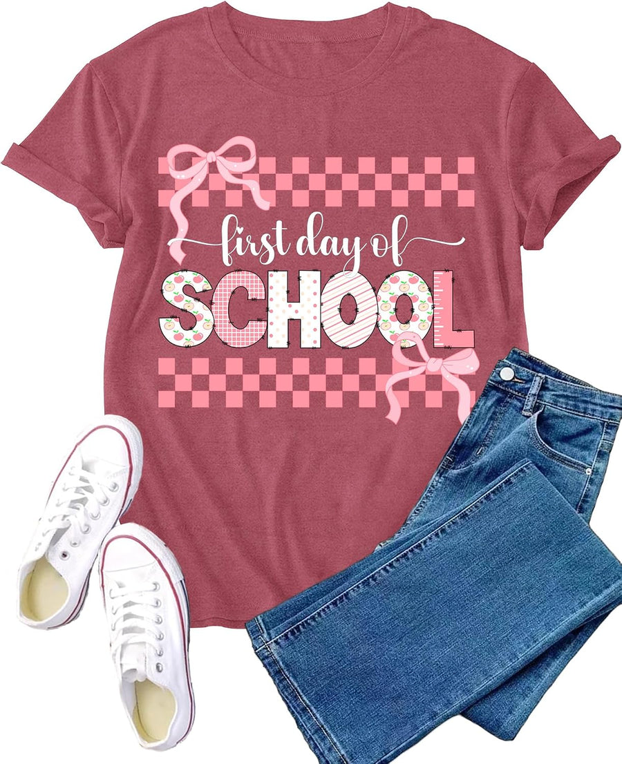 Womens First Day of School Shirt Teacher Life Short Sleeve T-Shirt Back to School Tee - Pink