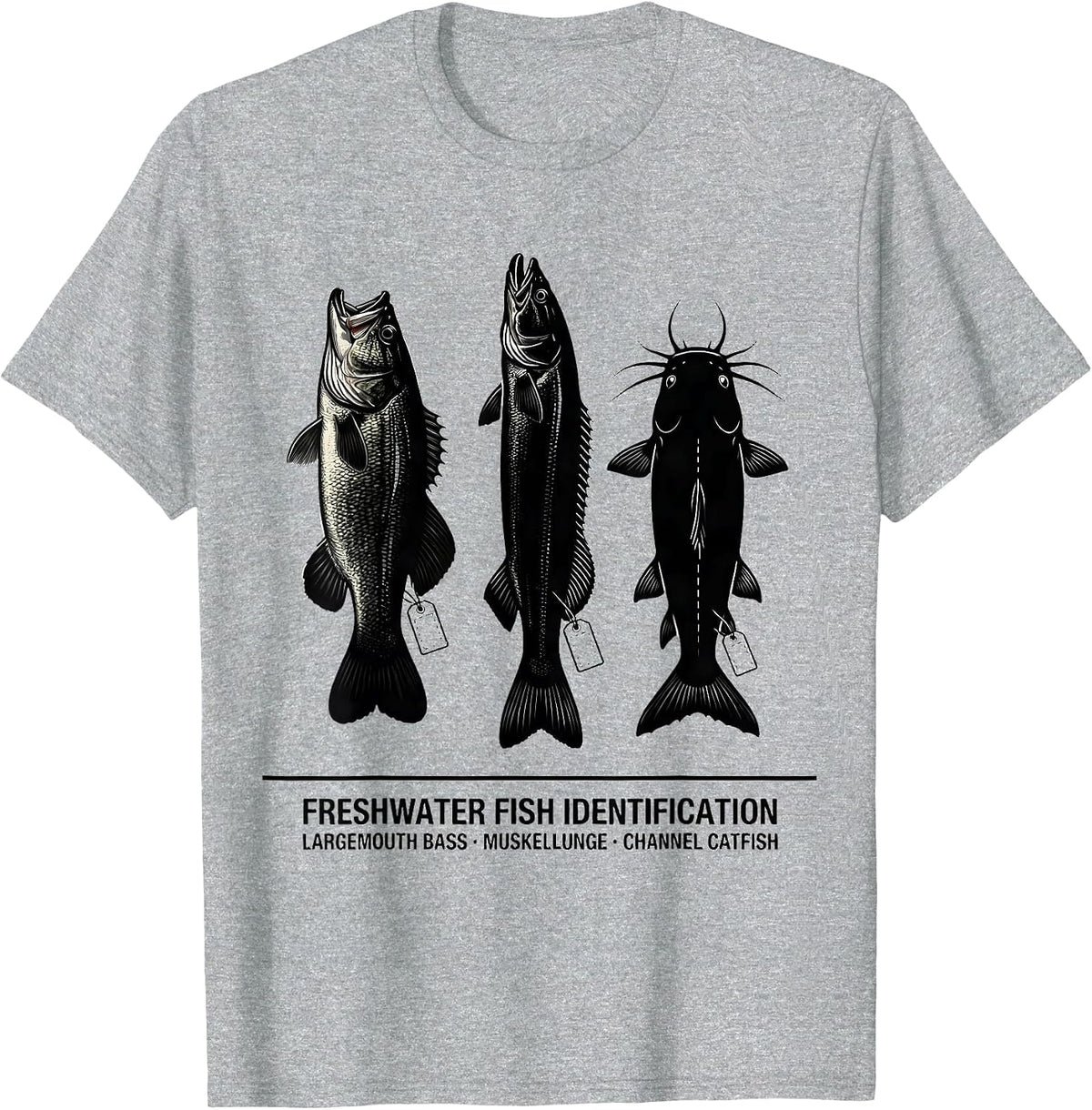 Men's Freshwater Fish ID Chart Largemouth Bass Muskellunge Catfish T-Shirt - Heather Grey