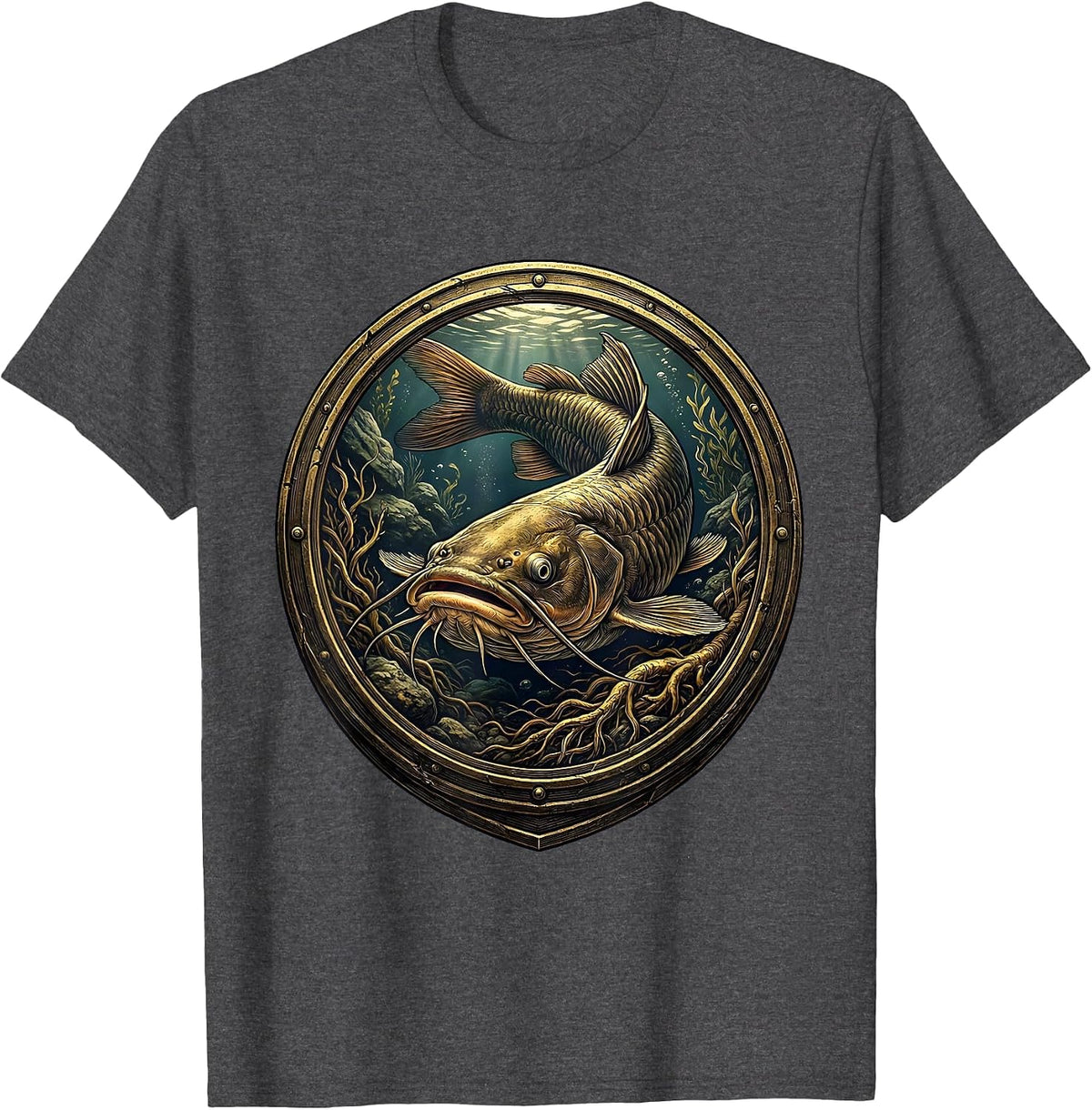 Catfish Lurking River Bottom Fishing Graphic T-Shirt - Dark Heather Grey