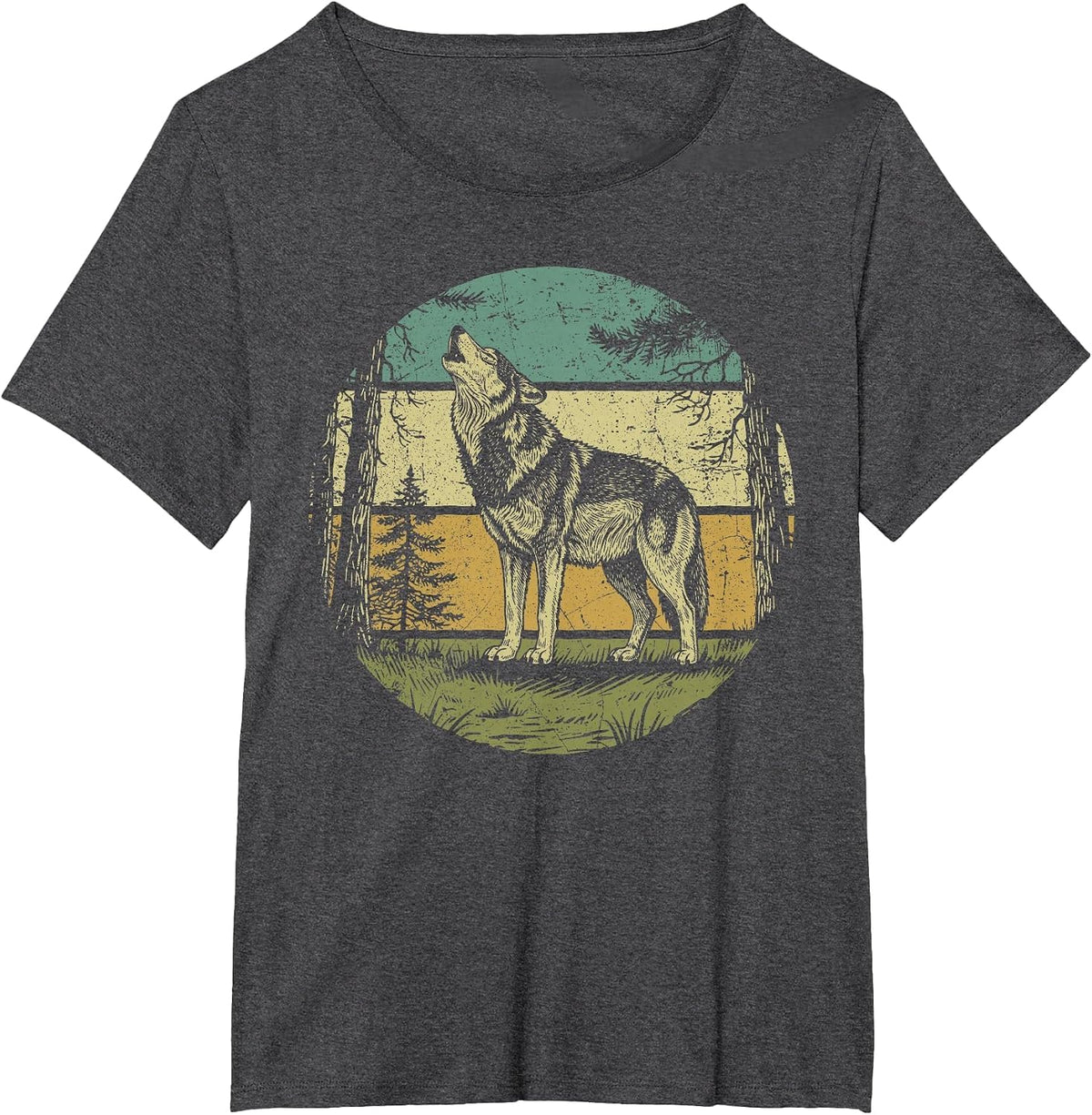 Retro Forest Wolf Outdoors Nature Women Men Vintage Graphic T-Shirt - Dark Heather Grey