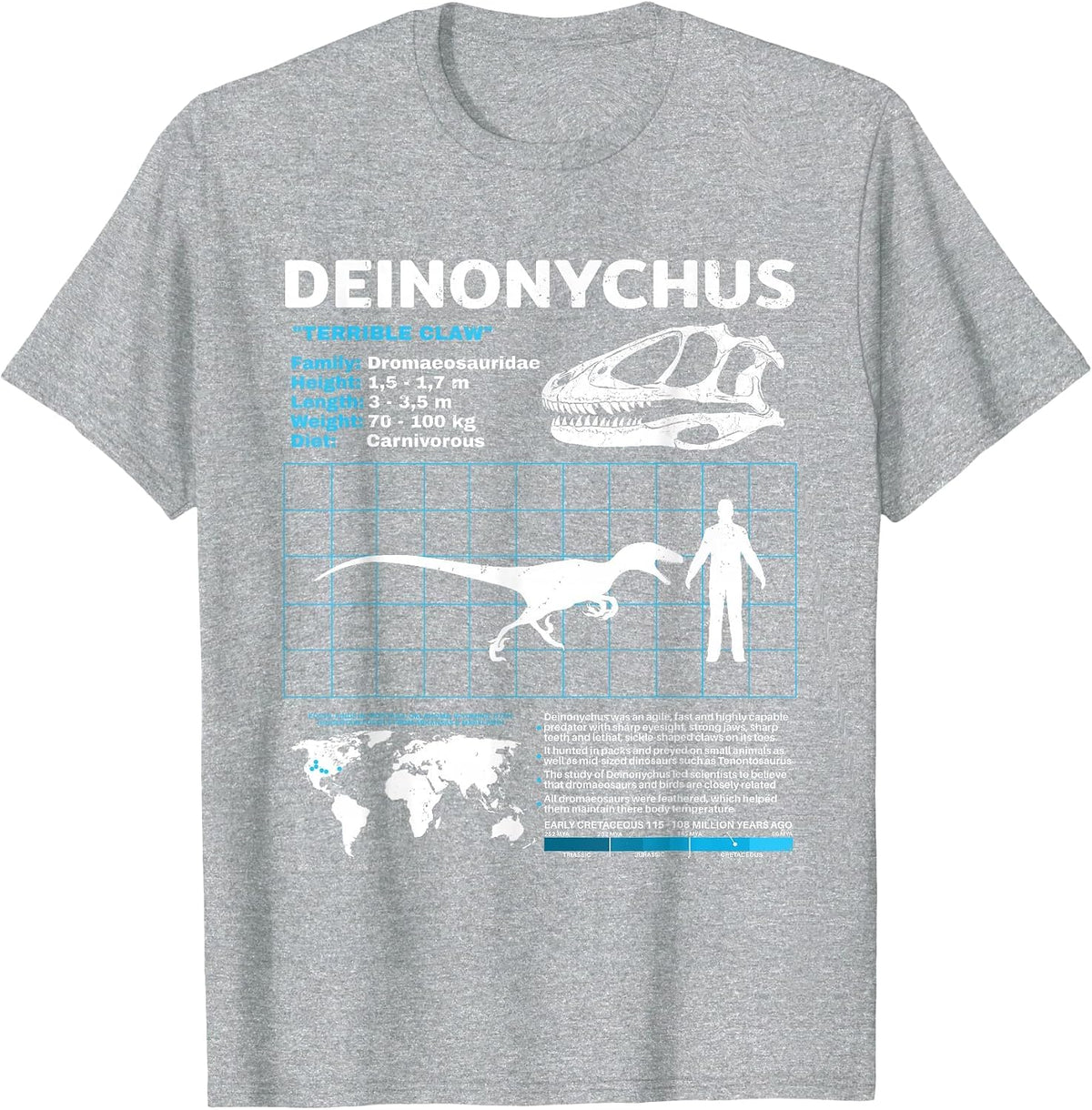 Deinonychus Fact Sheet Skull Fossil T-Shirt - Heather Grey