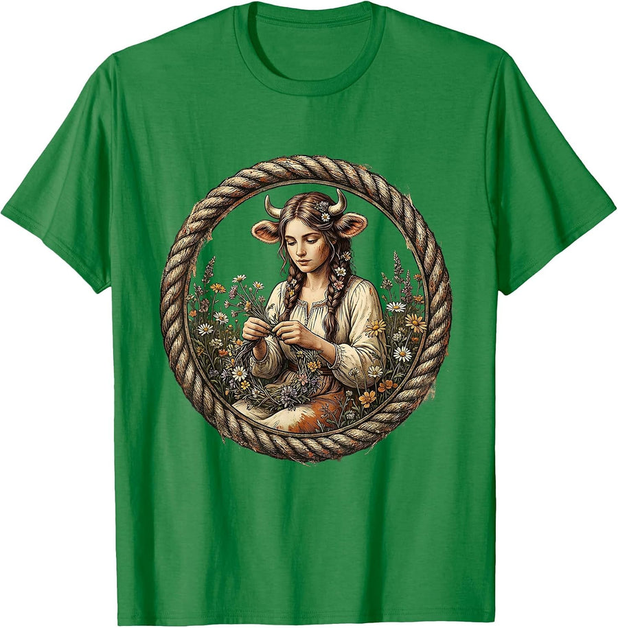 Men's Cow Ears Flower Wreath Braiding Illustration T-Shirt - Kelly Green
