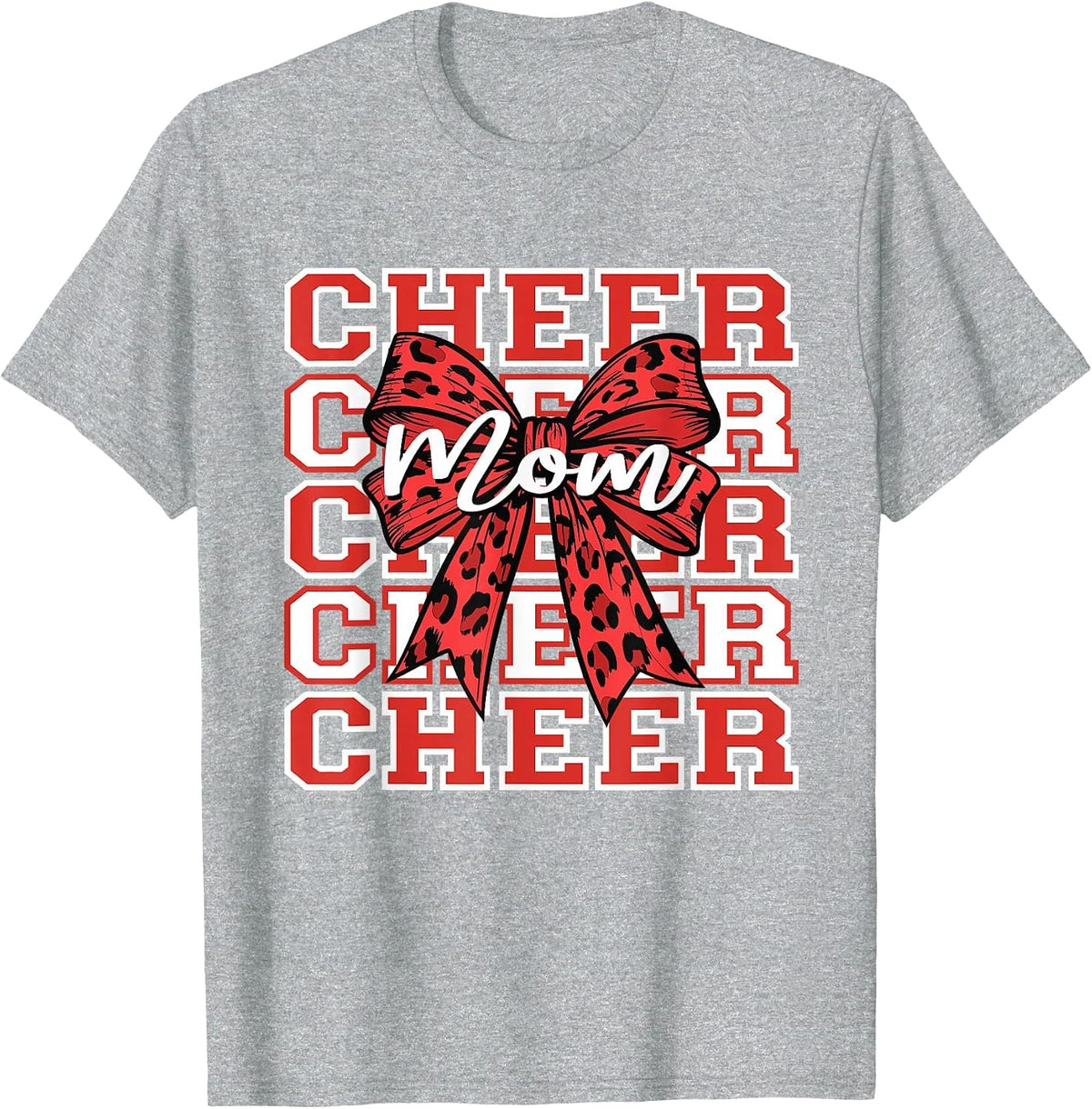 Football Cheer Mom Game Day Red Leopard Bow Cheerleading T-Shirt - Heather Grey