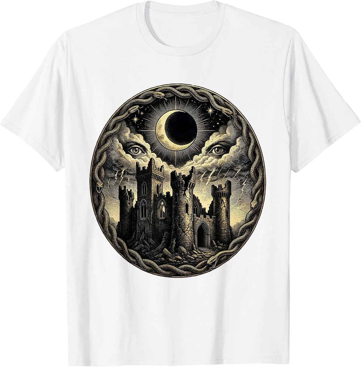 Men's Crumbling Castle Blood Red Storm Heavy Metal Art T-Shirt - White