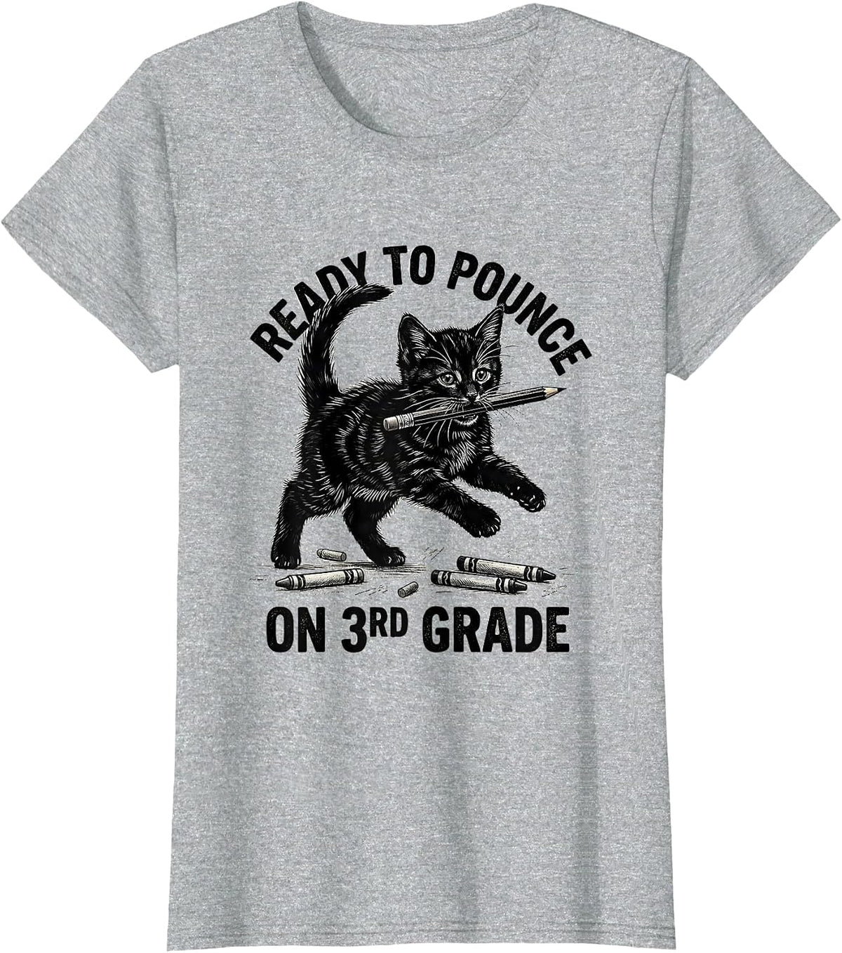 Women's Ready To Pounce On 3rd Grade Cute Cat Kitten Back To School T-Shirt - Heather Grey