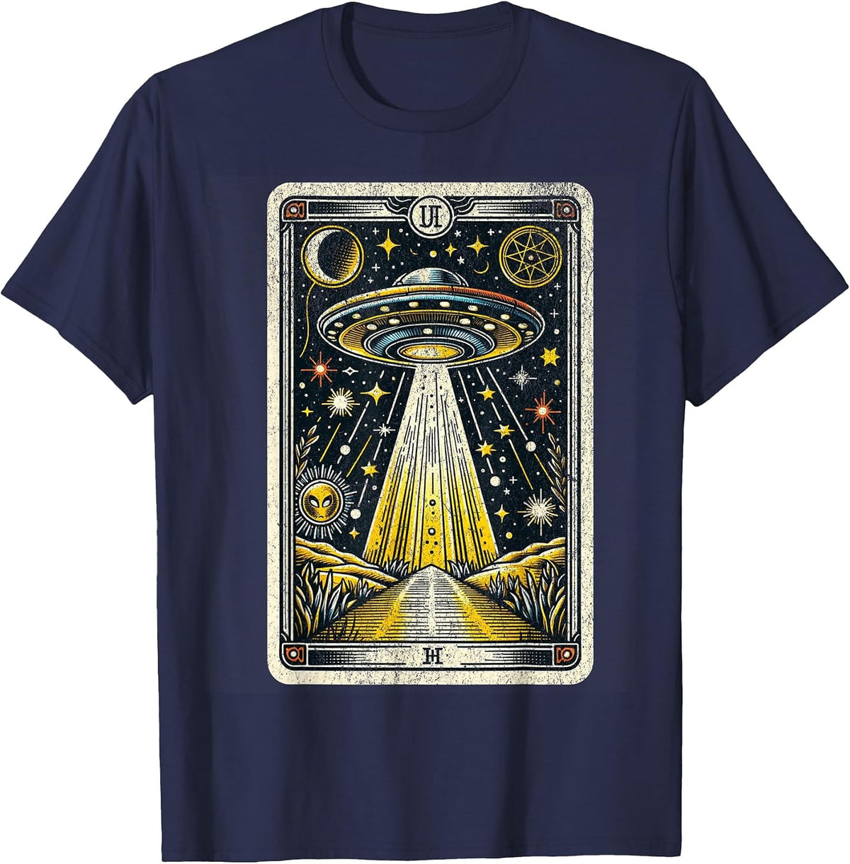 Vintage UFO Tarot Card Alien Astrology Retro Zodiac T-Shirt - Navy Blue