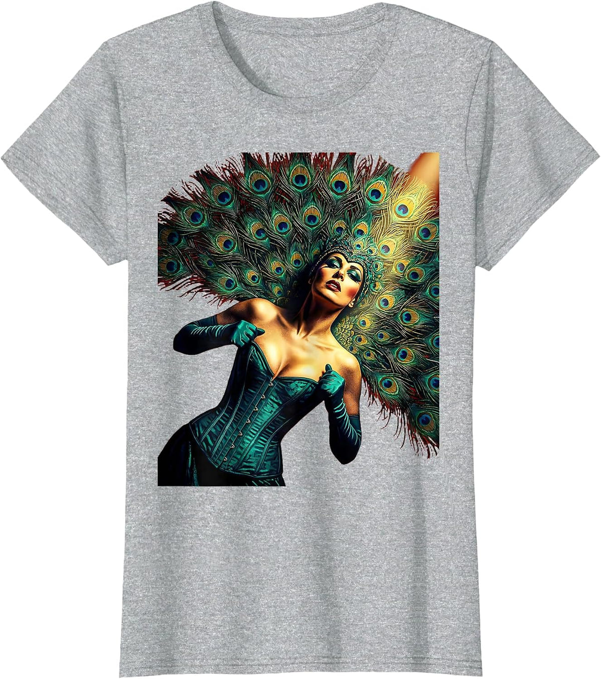 Women's Showgirl Peacock Feather Corset Illustration T-Shirt - Heather Grey