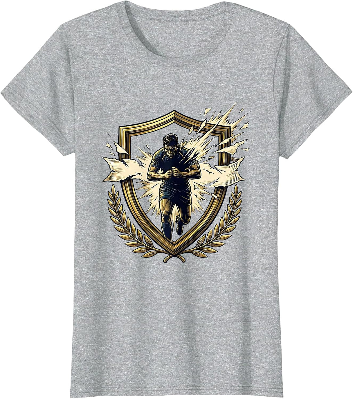 Rugby Player Bursting Through Banner Graphic T-Shirt - Heather Grey