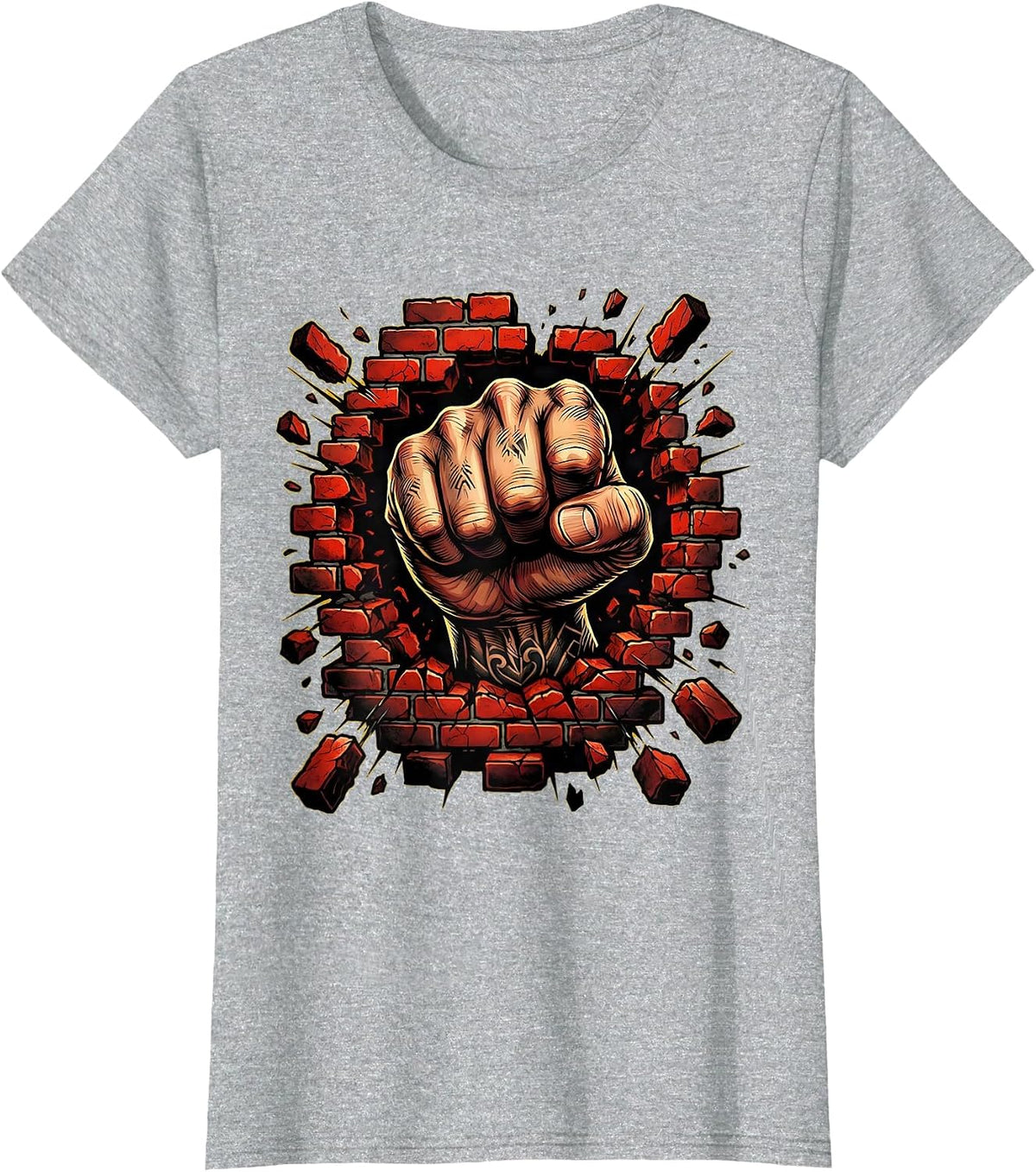Punk Fist Through Brick Wall Graphic Design T-Shirt - Heather Grey