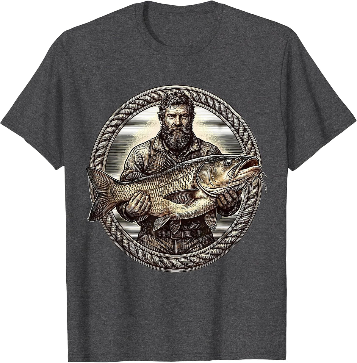 Bearded Angler Holding Giant Catfish Fishing T-Shirt - Dark Heather Grey