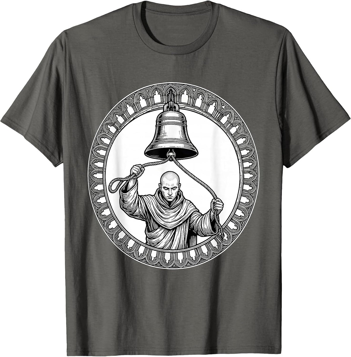 Men's Monk Ringing Bell Tower Clergy Illustration T-Shirt - Asphalt Grey