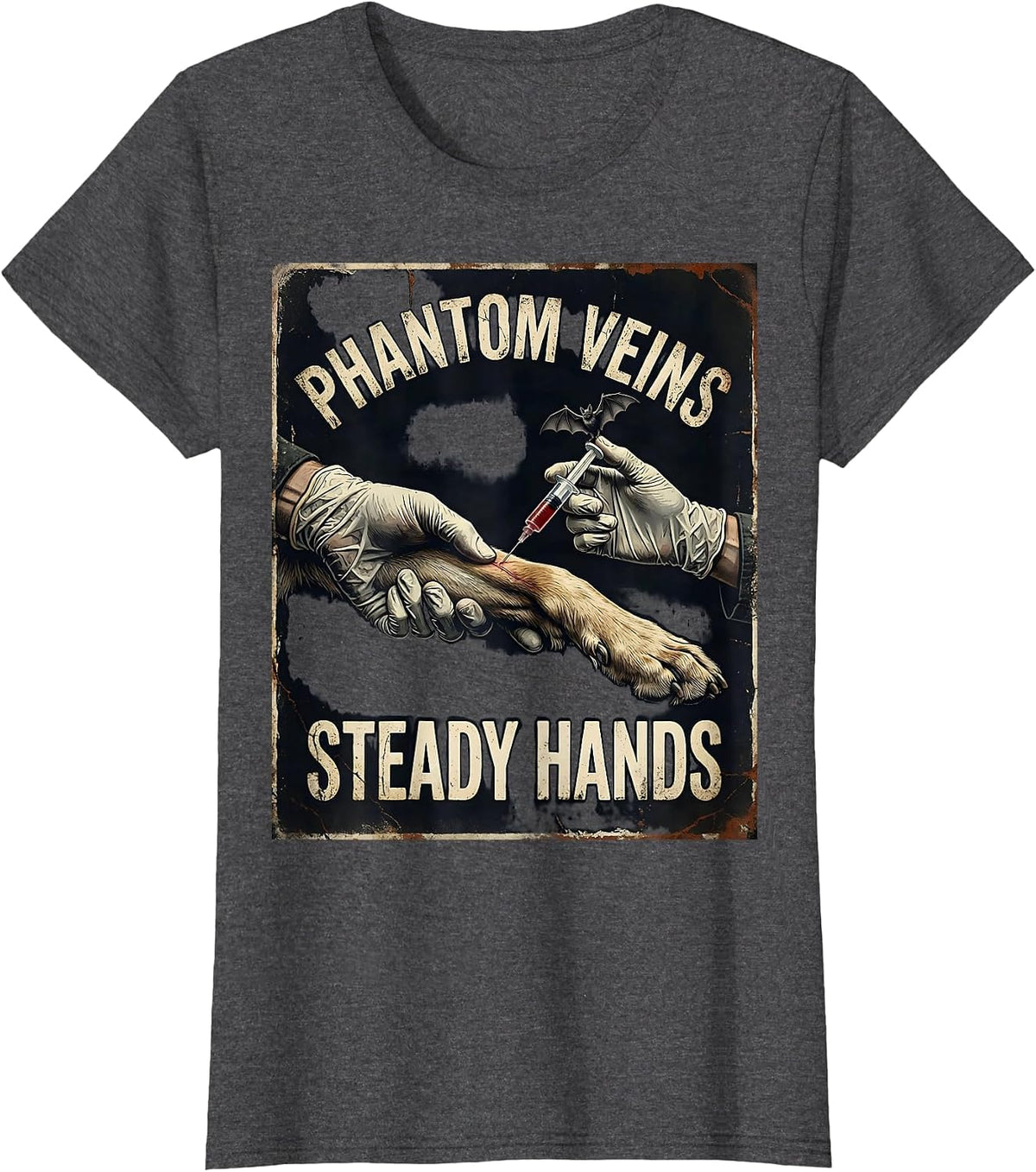 Women's Phantom Veins Steady Hands Distressed Vet Tech Halloween T-Shirt - Dark Heather Grey