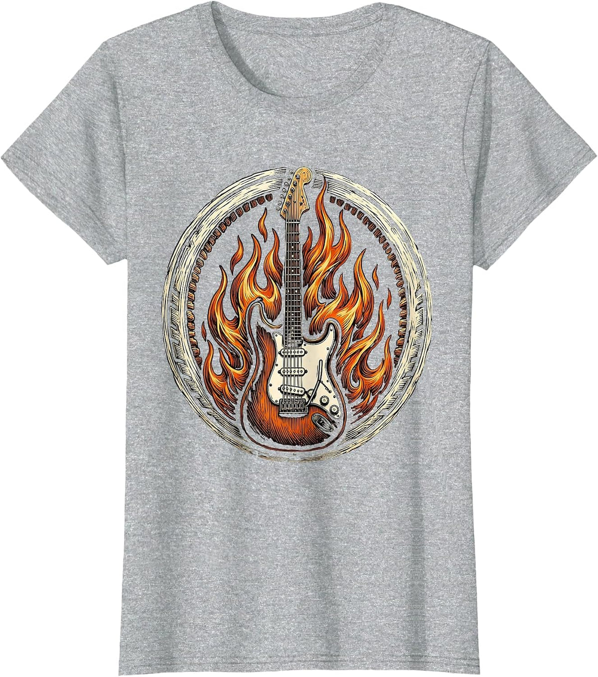 Electric Guitar On Fire Rock Music Graphic T-Shirt - Heather Grey