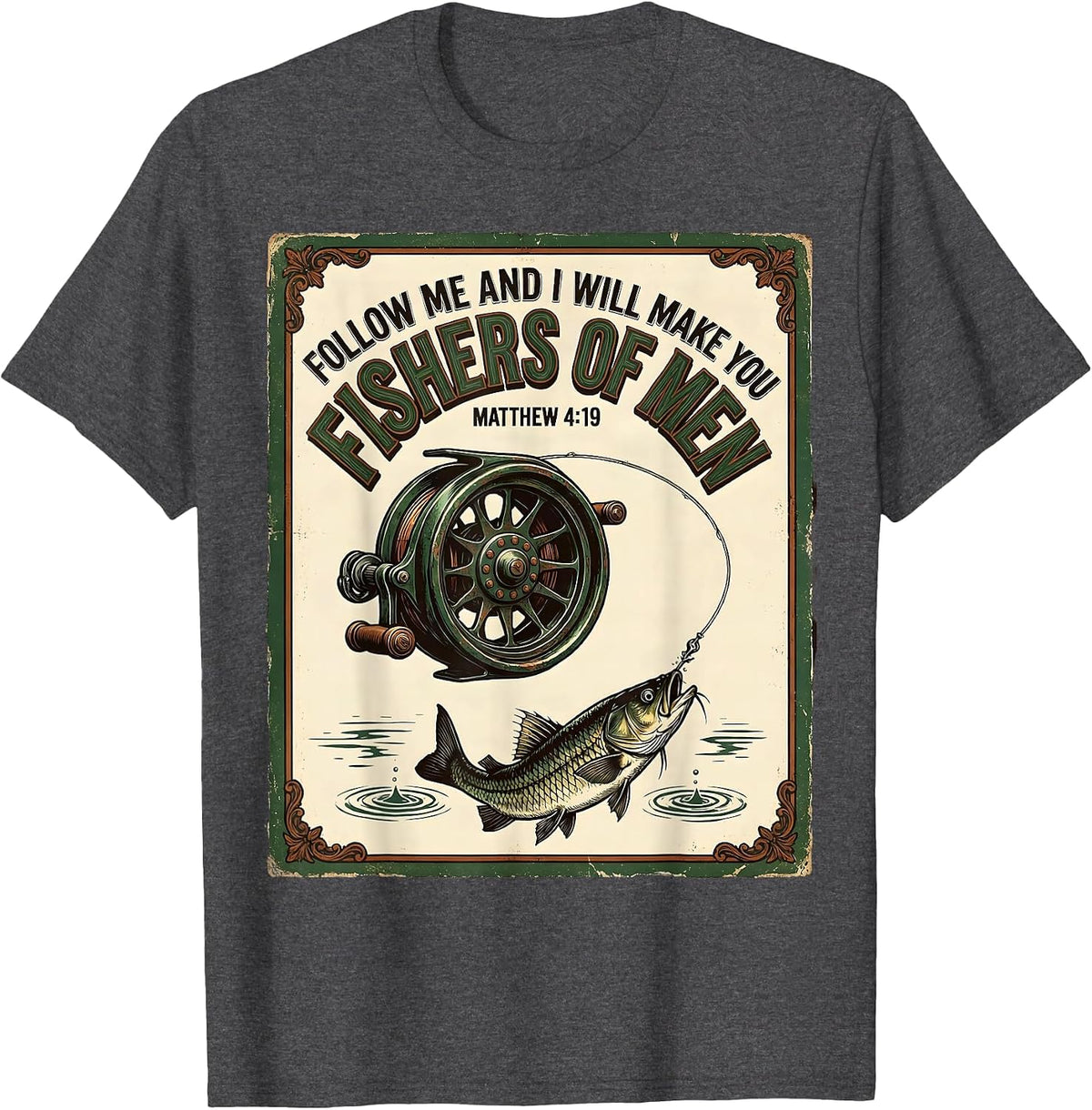 Men's Fishers Of Men Matthew 4:19 Vintage Christian Fishing T-Shirt - Dark Heather Grey