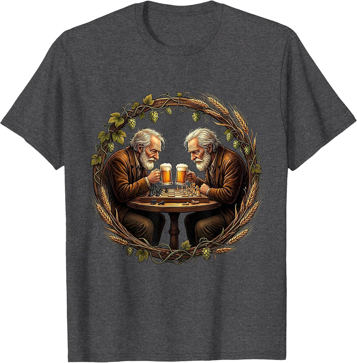 Old Friends Chess and Beer Illustration T-Shirt - Dark Heather Grey