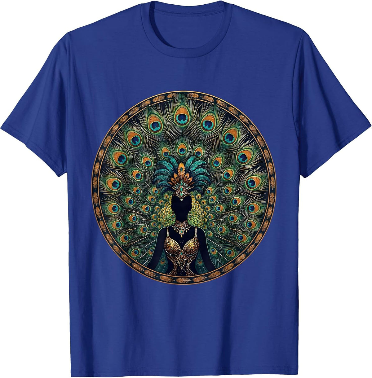 Showgirl Fan Dancer Peacock Feathers Graphic T-Shirt - Royal Blue