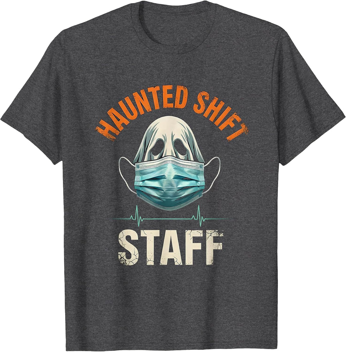 Haunted Shift Staff Distressed Halloween Nurse Humor T-Shirt - Dark Heather Grey
