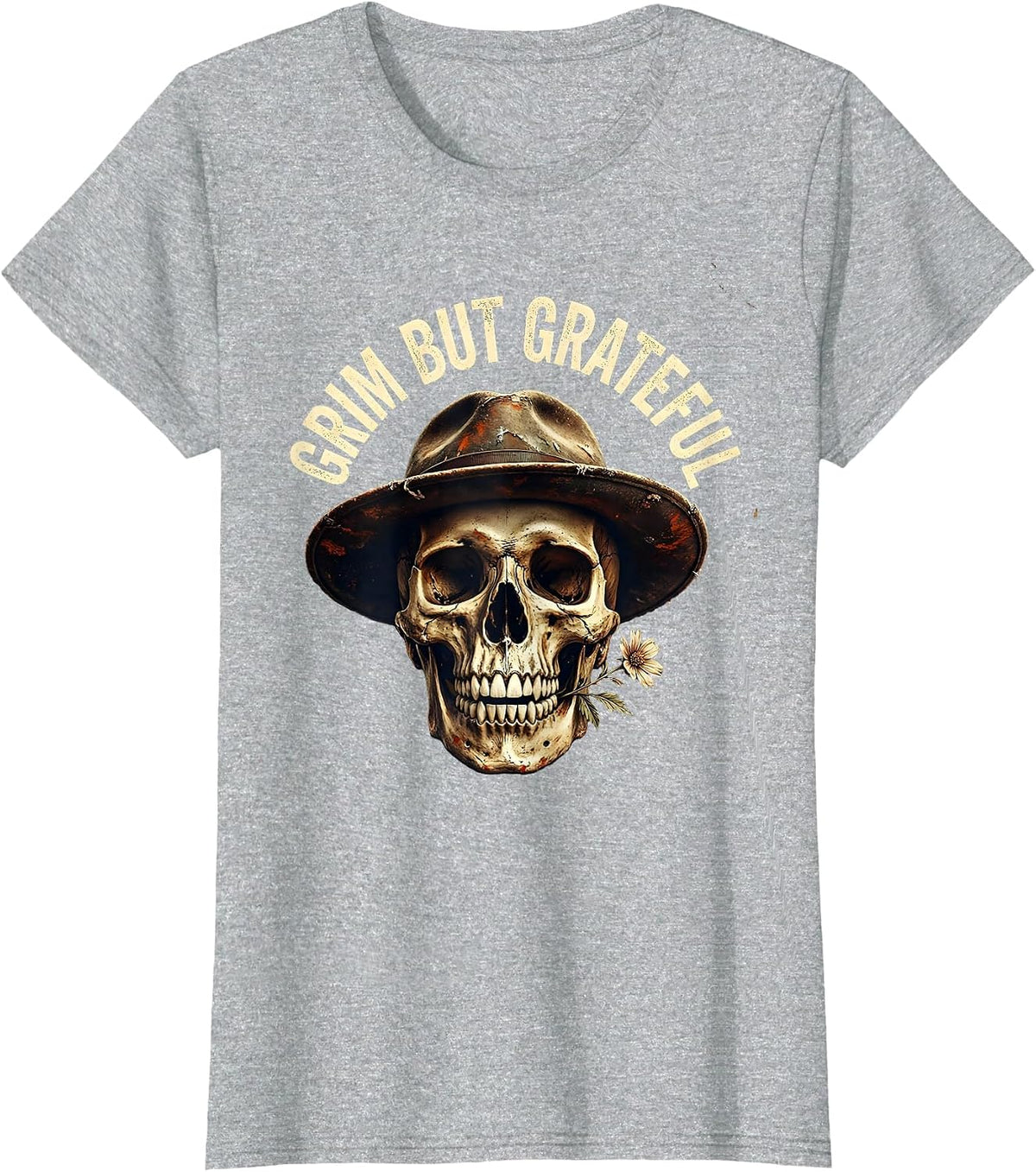 Grim But Grateful Skull Graphic Design T-Shirt - Heather Grey