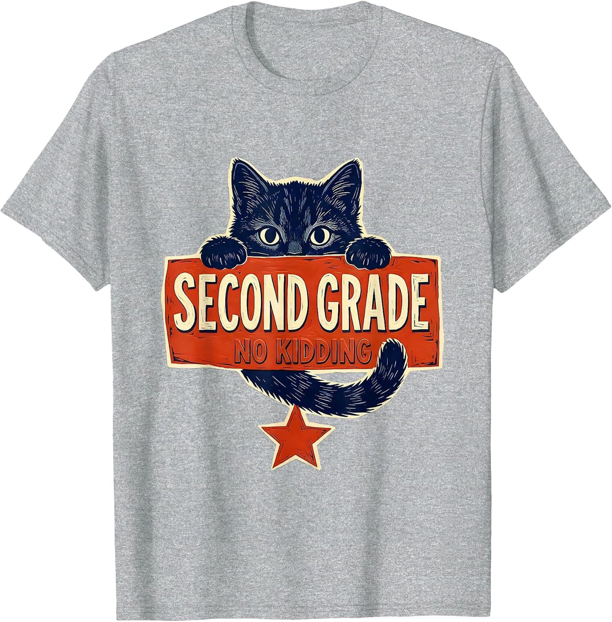 Men's Second Grade No Kidding Linocut Kitten Back To School Girls T-Shirt - Heather Grey