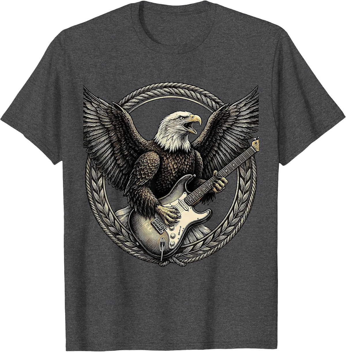 Eagle Clutching Electric Guitar Rock Band Graphic T-Shirt - Dark Heather Grey