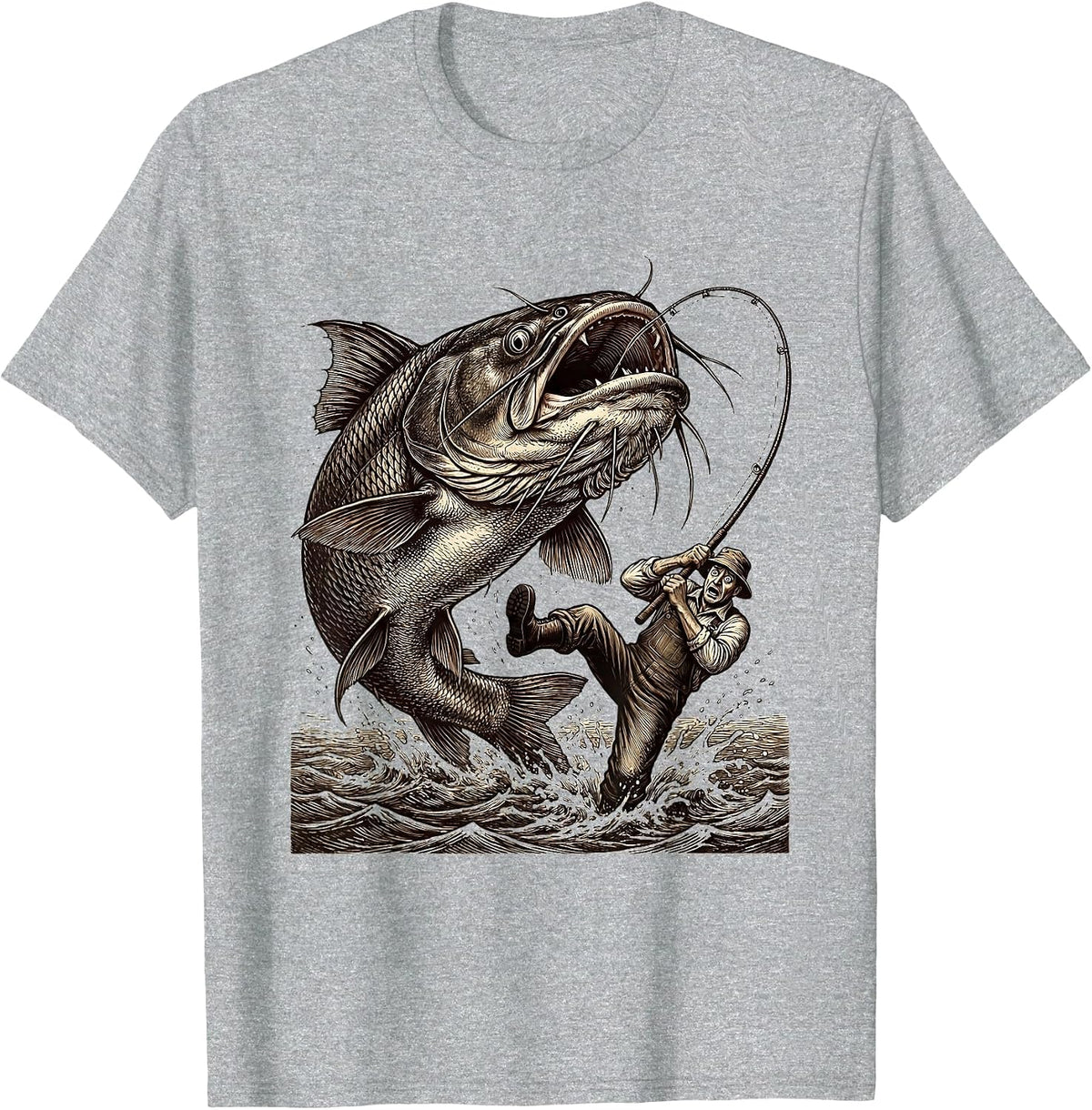 Men's Catfish Chaos Funny Fishing Graphic T-Shirt - Heather Grey