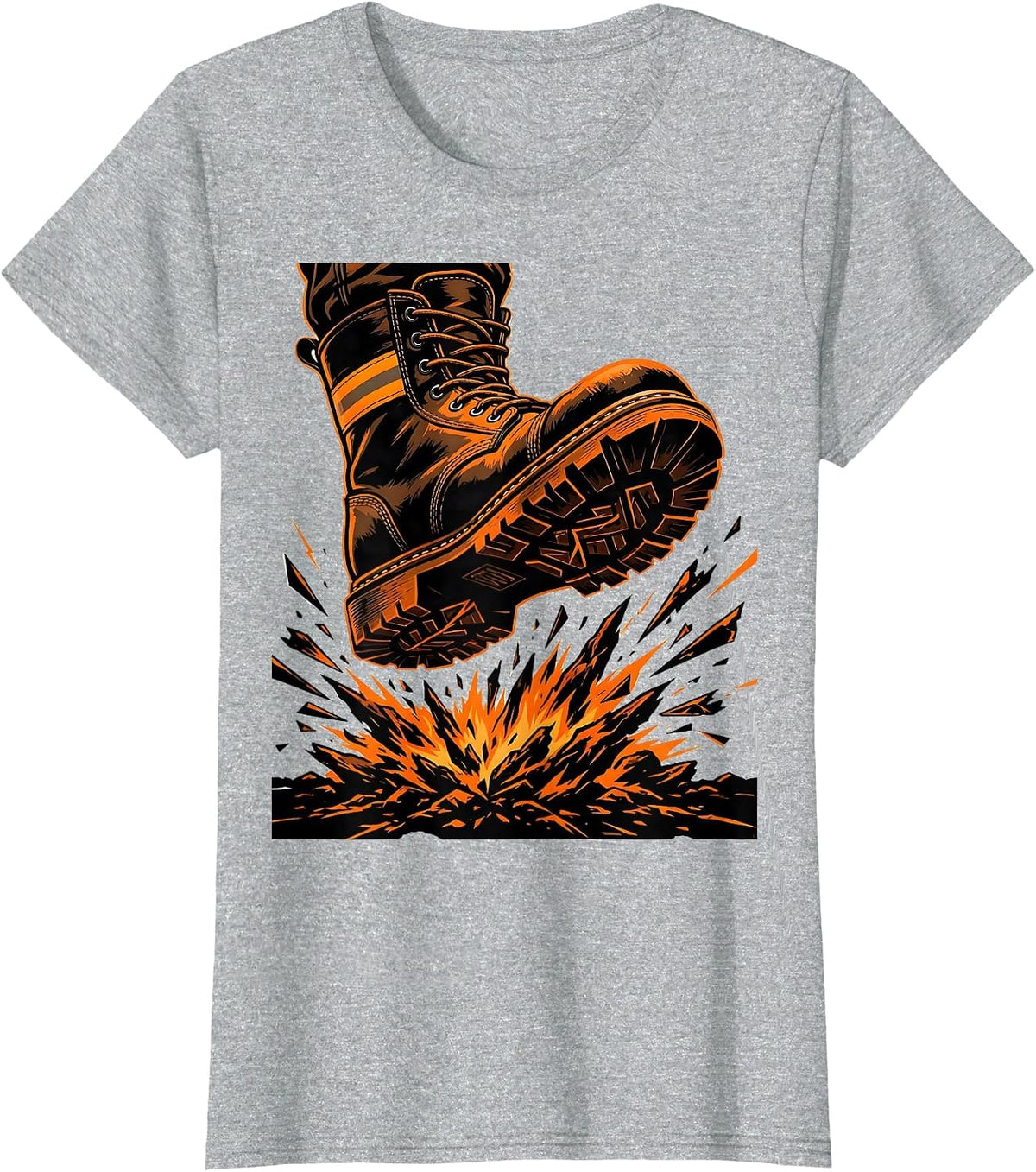 Women's Firefighter Boot Stomping Embers Graphic Tee T-Shirt - Heather Grey