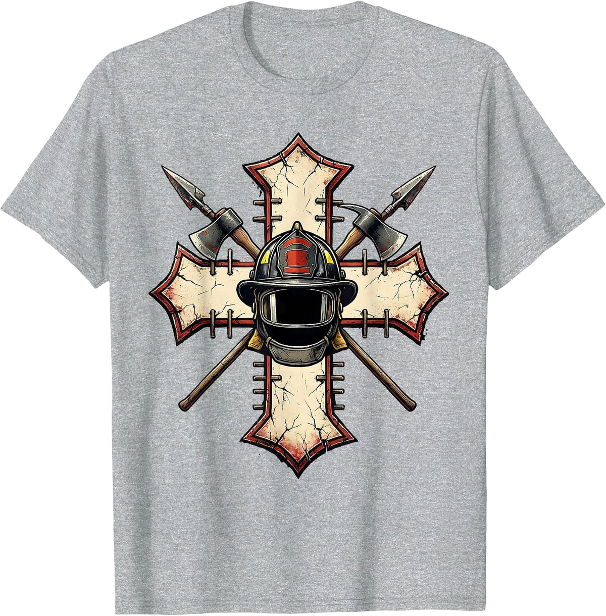 Men's Distressed Firefighter Cross Helmet Axe Ladder Gear T-Shirt - Heather Grey