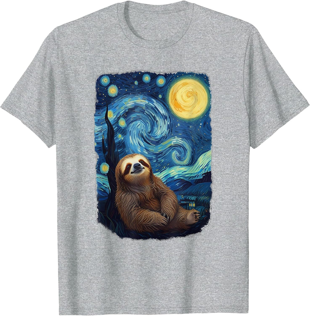 Sloth Van Gogh Style Starry Night T-Shirt - Heather Grey