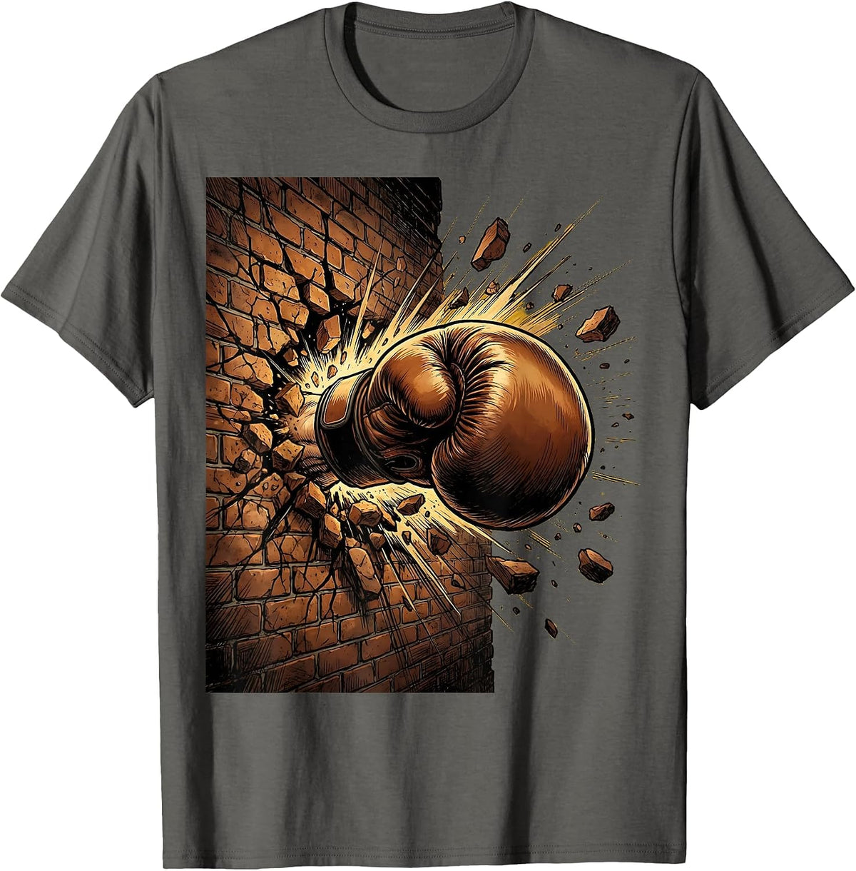 Boxing Fist Shattering Brick Wall Graphic T-Shirt - Asphalt Grey