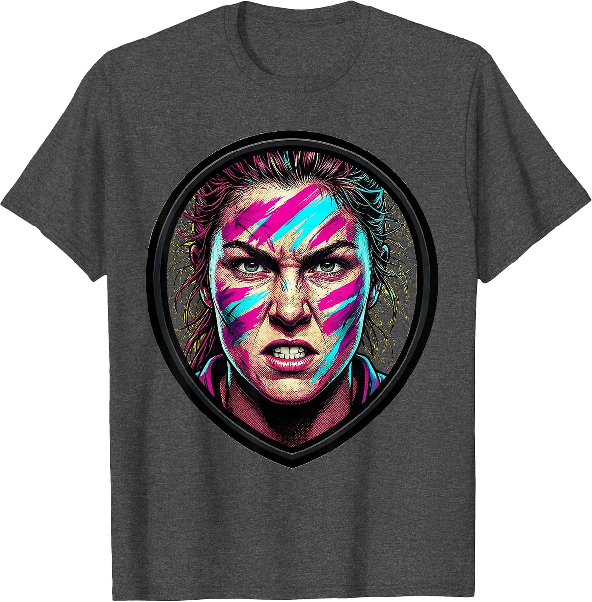 Fierce Rugby Player War Paint Illustration T-Shirt - Dark Heather Grey