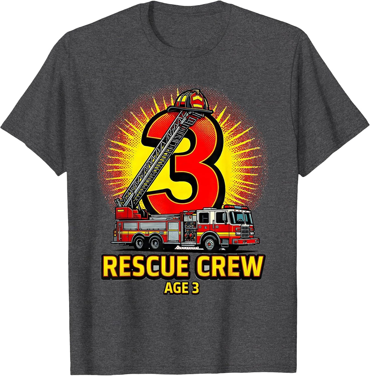 Rescue Crew Age 3 Pop Art Fire Truck Toddler Firefighter T-Shirt - Dark Heather Grey