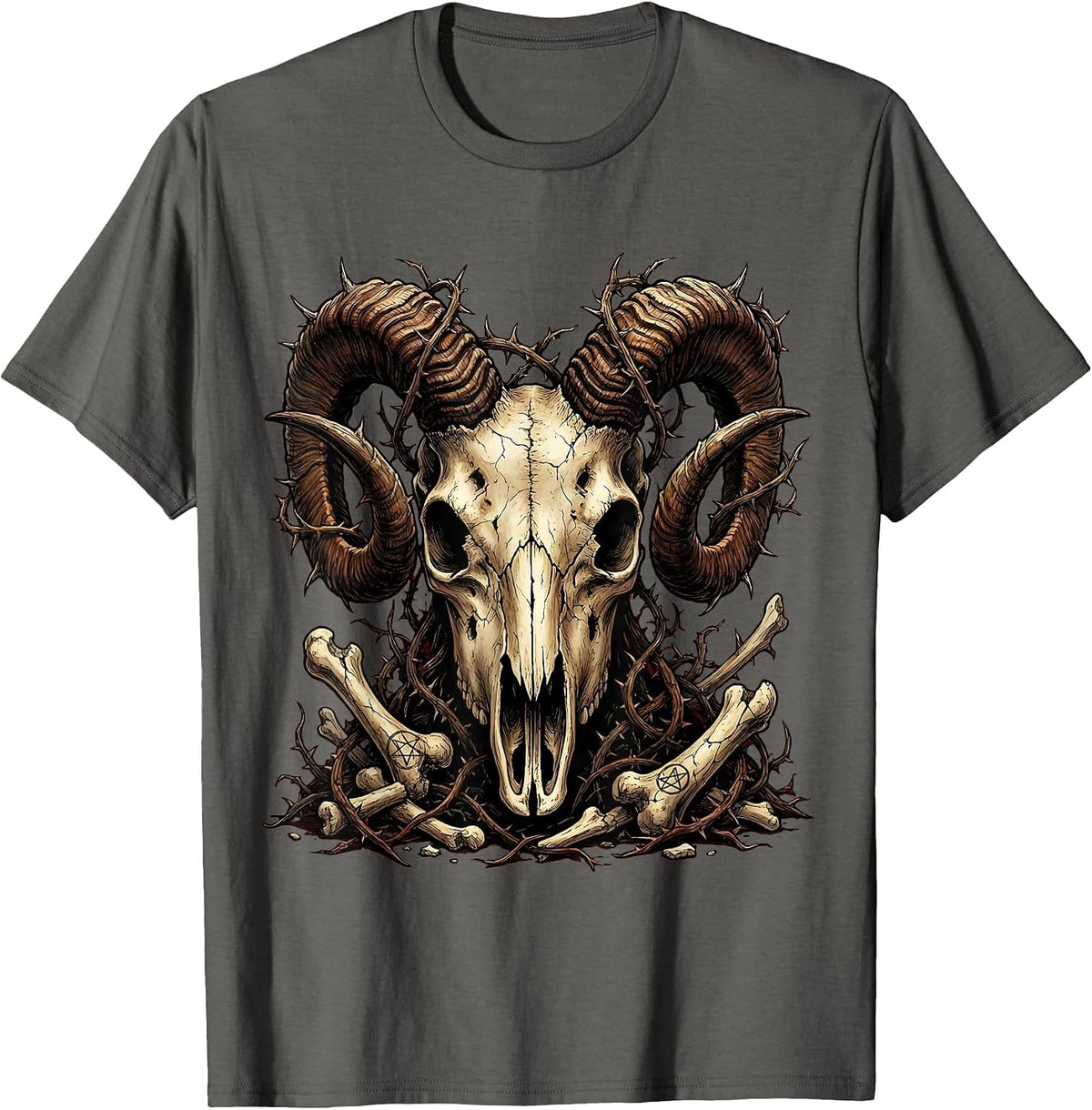 Demonic Goat Skull Twisted Horns Halloween Design T-Shirt - Asphalt Grey