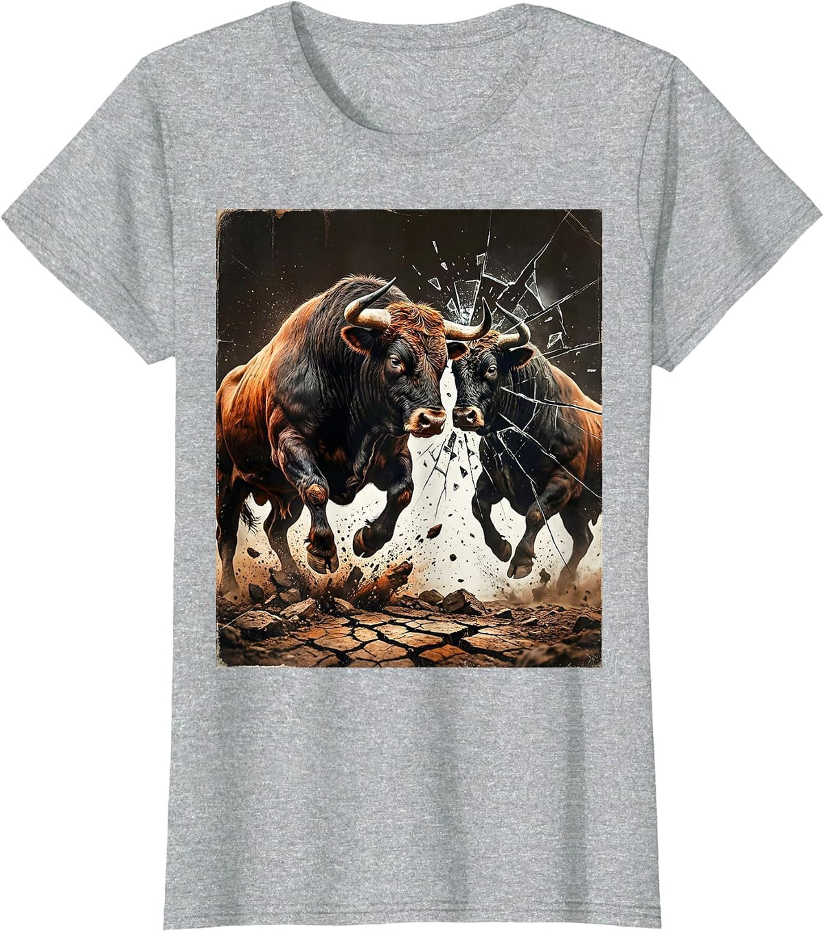 Bull Charging Its Reflection Graphic Design T-Shirt - Heather Grey